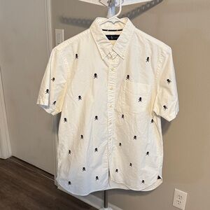 Ralph Lauren White Short-Sleeve Button-Down Shirt with Black Skull Motif